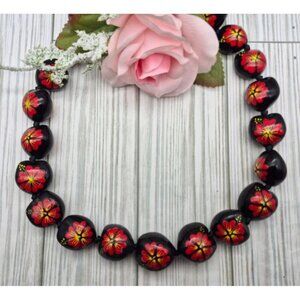 Hawaii Wedding Kukui Nut Lei Necklace Black & Red Hibiscus Flower Floral 36"